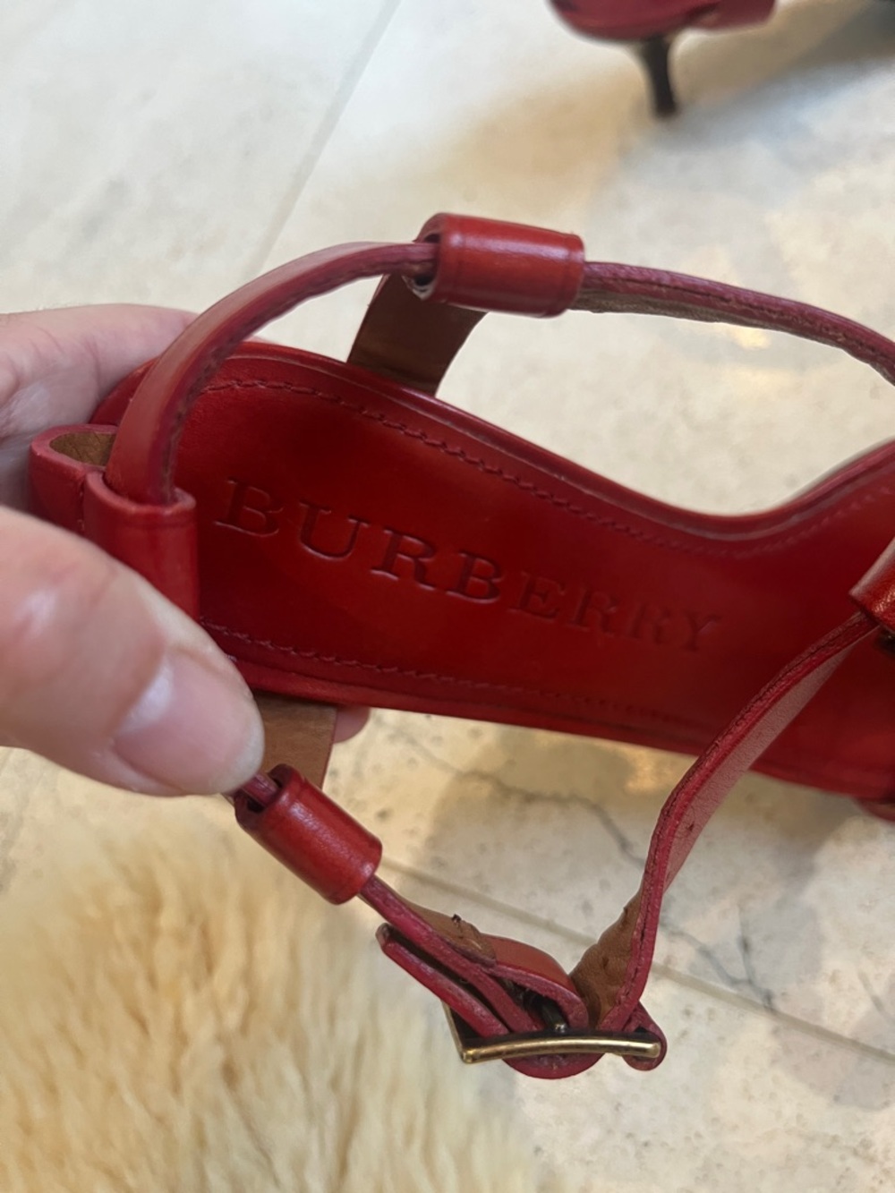 Burberry Red Leather Strappy Kitten Heel Sandals Sz 38 - Picture 2 of 11